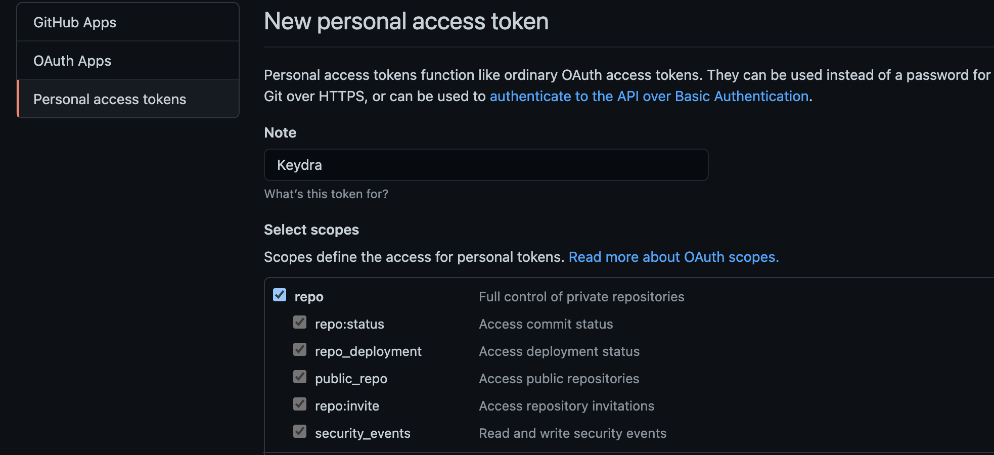 Personal access token creation